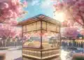 Una escena vibrante en un mercado japonés con cerezos en flor que rodean un puesto de madera bellamente iluminado que vende productos. El cielo es azul y la zona está repleta de gente, creando una atmósfera animada bajo la caída de los pétalos.