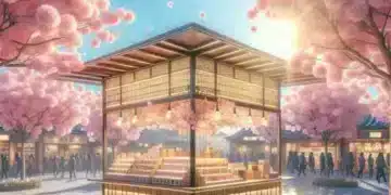 A vibrant scene in a Japanese marketplace with cherry blossom trees in full bloom surrounding a beautifully lit wooden stand selling goods. The sky is blue, and the area is bustling with people, creating a lively atmosphere under the falling petals.