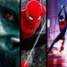 A vibrant collage showing Venom, Lizard, classic Spider-Man, Miles Morales as Spider-Man swinging through a city, and Spider-Woman, highlighting characters from the Spider-Man collection movie download.