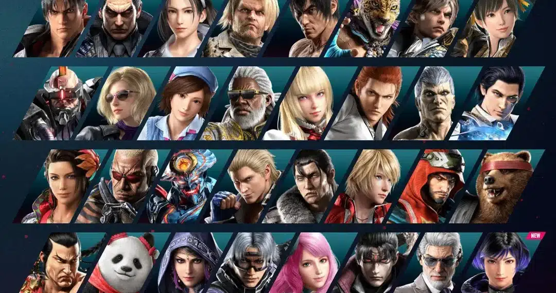 Imagem mostrando vários personagens de Tekken 8 em fileiras, cada um com designs e estilos únicos, mostrando a lista diversificada para batalhas épicas.