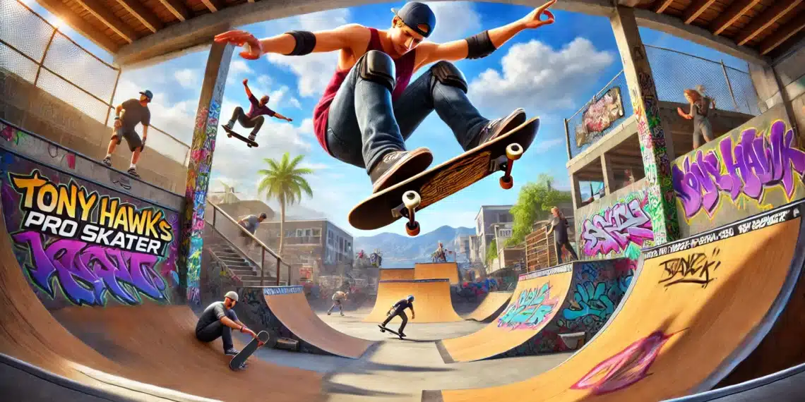 Patinadores realizando manobras em uma pista de skate vibrante com grafites e rampas em Tony Hawk’s Pro Skater 1 + 2 (2024).