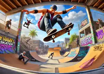 Patinadores realizando trucos en un vibrante parque de patinaje con graffitis y rampas en Tony Hawk's Pro Skater 1 + 2 (2024).