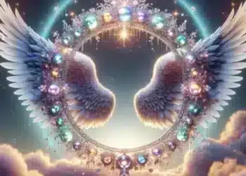 Una impresionante imagen de temática celestial que presenta un halo brillante adornado con gemas de colores y alas angelicales, contra un cielo de ensueño lleno de nubes y estrellas. "Guía definitiva: Respuestas de Royale High Halo".