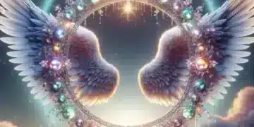 A stunning, celestial-themed image featuring a glowing halo adorned with colorful gems and angelic wings, set against a dreamy sky filled with clouds and stars. "Ultimate Guide: Royale High Halo Answers."