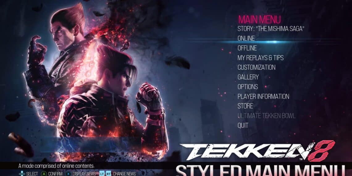 Menú principal de Tekken 8, que presenta opciones de personalización, entre otros modos, con ilustraciones dinámicas de personajes clave del juego.