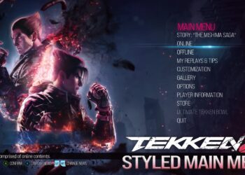 Menú principal de Tekken 8, que presenta opciones de personalización, entre otros modos, con ilustraciones dinámicas de personajes clave del juego.