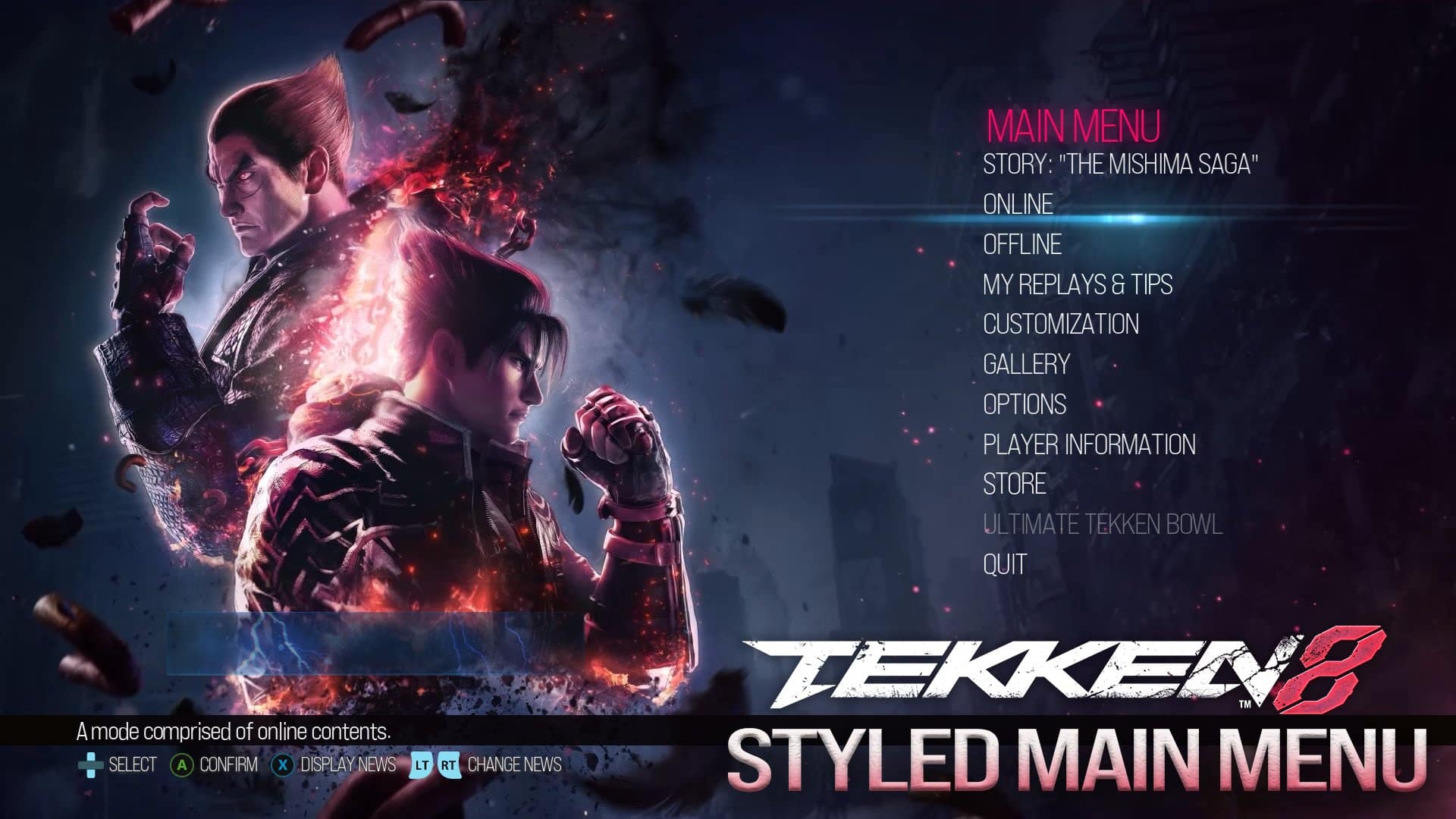 Main menu of Tekken 8, featuring customization options among other modes, with dynamic artwork of key characters from the game.