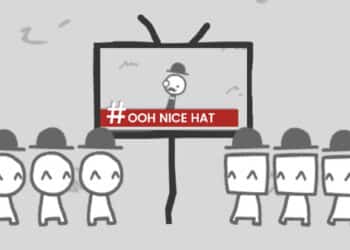 Una escena del juego 'We Become What We Behold' que muestra a los personajes mirando una pantalla con el hashtag #OOH NICE HAT. El estilo artístico simplista enfatiza la influencia de los medios.
