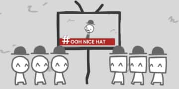 A scene from the game 'We Become What We Behold' showing characters watching a screen with the hashtag #OOH NICE HAT. The simplistic art style emphasizes media influence.