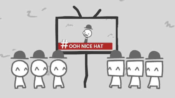 A scene from the game 'We Become What We Behold' showing characters watching a screen with the hashtag #OOH NICE HAT. The simplistic art style emphasizes media influence.