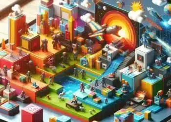 Una vibrante escena en 3D de un mundo de juego de Roblox en XBOX Cloud Gaming, con personajes detallados, estructuras, naves espaciales, globos y un sol, que crean una experiencia inmersiva.