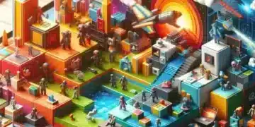 A vibrant 3D scene of a Roblox game world on XBOX Cloud Gaming, with detailed characters, structures, spaceships, balloons, and a sun, creating an immersive experience.