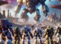 An epic scene from Starcraft 3 featuring a group of soldiers in futuristic armor facing a gigantic mech robot in an alien landscape.