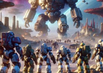 Uma cena épica de Starcraft 3 com um grupo de soldados com armaduras futuristas a enfrentar um robô mech gigantesco numa paisagem alienígena.