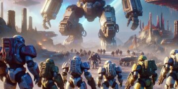 An epic scene from Starcraft 3 featuring a group of soldiers in futuristic armor facing a gigantic mech robot in an alien landscape.