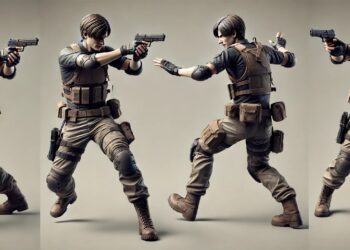 Un detallado modelo de Leon S. Kennedy de Resident Evil 4, con su atuendo táctico. Leon S. Kennedy es una figura clave de la serie Resident Evil, conocido por su papel como agente experto en la lucha contra el bioterrorismo.