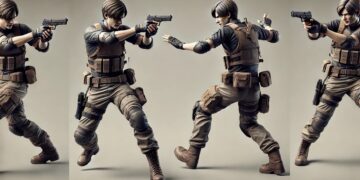 Um modelo detalhado da personagem Leon S. Kennedy de Resident Evil 4, mostrando o seu equipamento tático. Leon S. Kennedy é uma figura chave na série Resident Evil, conhecido pelo seu papel como um agente experiente que combate o bioterrorismo.