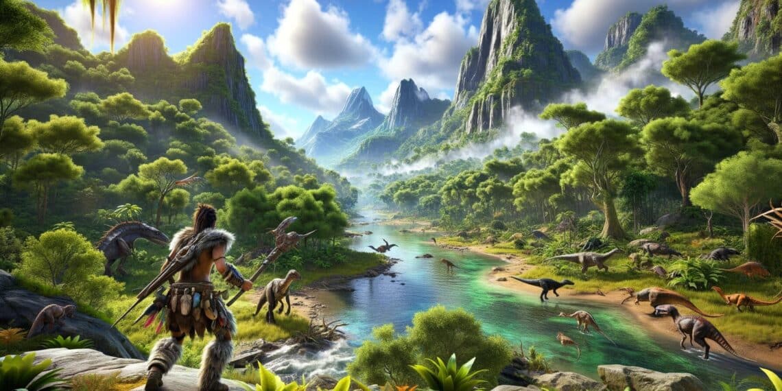 Uma paisagem pré-histórica vibrante e luxuriante de Ark 2, com diversos dinossauros e uma personagem em trajes primitivos, realçando o ambiente imersivo do jogo e os elementos de aventura de sobrevivência.