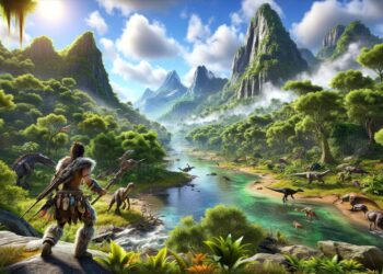Un vibrante y exuberante paisaje prehistórico de Ark 2, que muestra diversos dinosaurios y un personaje con atuendo primitivo, resaltando el entorno inmersivo del juego y los elementos de aventura de supervivencia.
