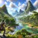 Un vibrante y exuberante paisaje prehistórico de Ark 2, que muestra diversos dinosaurios y un personaje con atuendo primitivo, resaltando el entorno inmersivo del juego y los elementos de aventura de supervivencia.