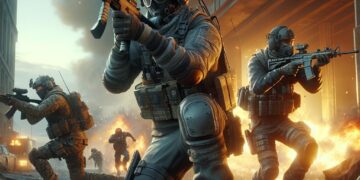 Image of armed characters in an intense urban battle, with flames and destruction in the background, depicting exciting and dynamic scenes from Free Fire. Free Fire drawings like this one can capture the action and adrenaline of the popular battle royale video game.