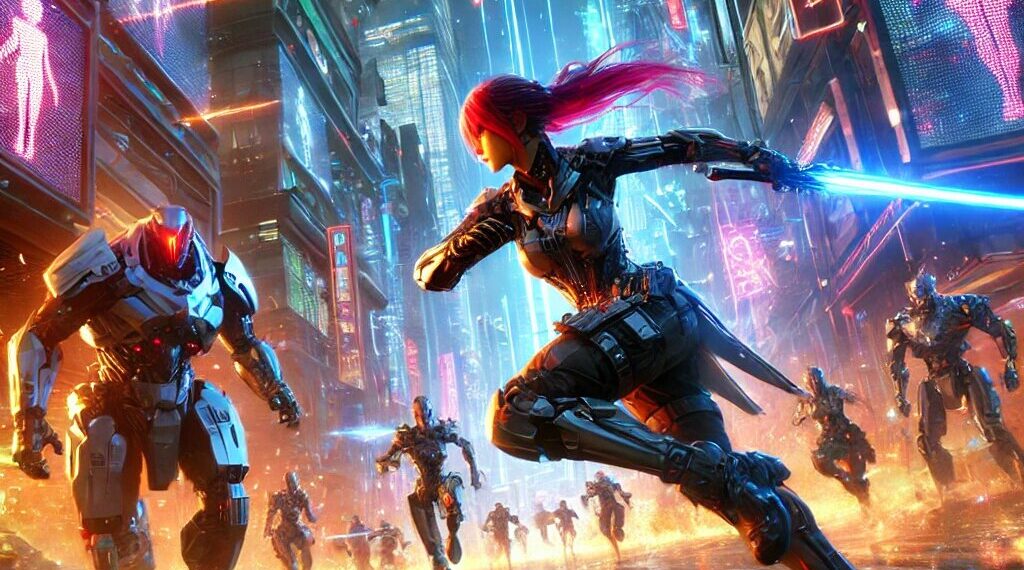 Uma cena de ação vibrante de Stellar Blade, com uma protagonista feminina numa armadura de combate avançada a lutar contra inimigos robóticos numa paisagem urbana futurista, iluminada a néon, à noite. Ela empunha uma espada de alta tecnologia no meio de elementos dinâmicos como faíscas e fumo, realçando o combate intenso e de alta energia do jogo.