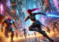 Uma cena de ação vibrante de Stellar Blade, com uma protagonista feminina numa armadura de combate avançada a lutar contra inimigos robóticos numa paisagem urbana futurista, iluminada a néon, à noite. Ela empunha uma espada de alta tecnologia no meio de elementos dinâmicos como faíscas e fumo, realçando o combate intenso e de alta energia do jogo.