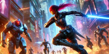 A vibrant action scene from Stellar Blade, featuring a female protagonist in advanced combat armor battling robotic enemies in a futuristic, neon-lit cityscape at night. She wields a high-tech sword amidst dynamic elements like sparks and smoke, highlighting the intense, high-energy combat of the game.