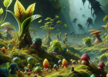 Una exuberante y vibrante escena de Pikmin 4 con un bosque lleno de coloridos Pikmin y plantas. En el fondo, unas criaturas oscuras y tenebrosas añaden misterio y aventura a la imagen.