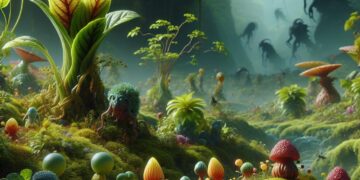 Uma cena exuberante e vibrante de Pikmin 4 com uma floresta repleta de vários Pikmins coloridos e plantas. Em segundo plano, criaturas escuras e sombrias surgem, acrescentando um sentido de mistério e aventura à imagem.