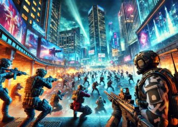 Una escena de acción panorámica de XDefiant, que muestra una batalla entre plataformas en un campo de batalla urbano futurista. Soldados ataviados con equipos de alta tecnología libran un feroz tiroteo entre rascacielos iluminados con luces de neón y vallas publicitarias digitales, lo que pone de relieve el intenso y dinámico entorno del juego.