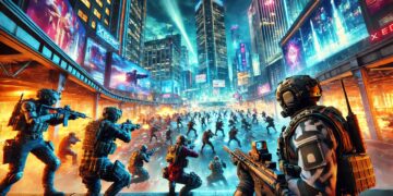 Uma cena de ação panorâmica do XDefiant, que mostra uma batalha entre plataformas num campo de batalha urbano futurista. Soldados com equipamento de alta tecnologia envolvem-se num tiroteio feroz no meio de arranha-céus iluminados a néon e outdoors digitais, realçando o ambiente intenso e dinâmico do jogo.