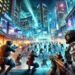 Una escena de acción panorámica de XDefiant, que muestra una batalla entre plataformas en un campo de batalla urbano futurista. Soldados ataviados con equipos de alta tecnología libran un feroz tiroteo entre rascacielos iluminados con luces de neón y vallas publicitarias digitales, lo que pone de relieve el intenso y dinámico entorno del juego.