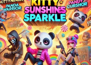 Colorful Free Fire scene with characters and cute nicknames like KittyNinja, PandaWarrior, SunshineSparkle, and CandyCrusher, showing apodos bonitos.