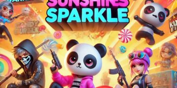 Cena colorida de Free Fire com personagens e alcunhas giras como KittyNinja, PandaWarrior, SunshineSparkle e CandyCrusher, mostrando apodos bonitos.