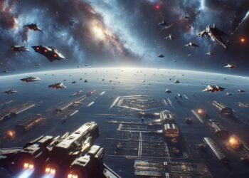 Una escena de batalla espacial del modo multijugador de Starfield, con naves espaciales en combate sobre un fondo de estrellas y galaxias.