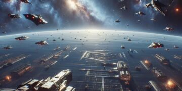 Uma cena de batalha espacial do jogo multijogador Starfield, com naves espaciais em combate num cenário de estrelas e galáxias.