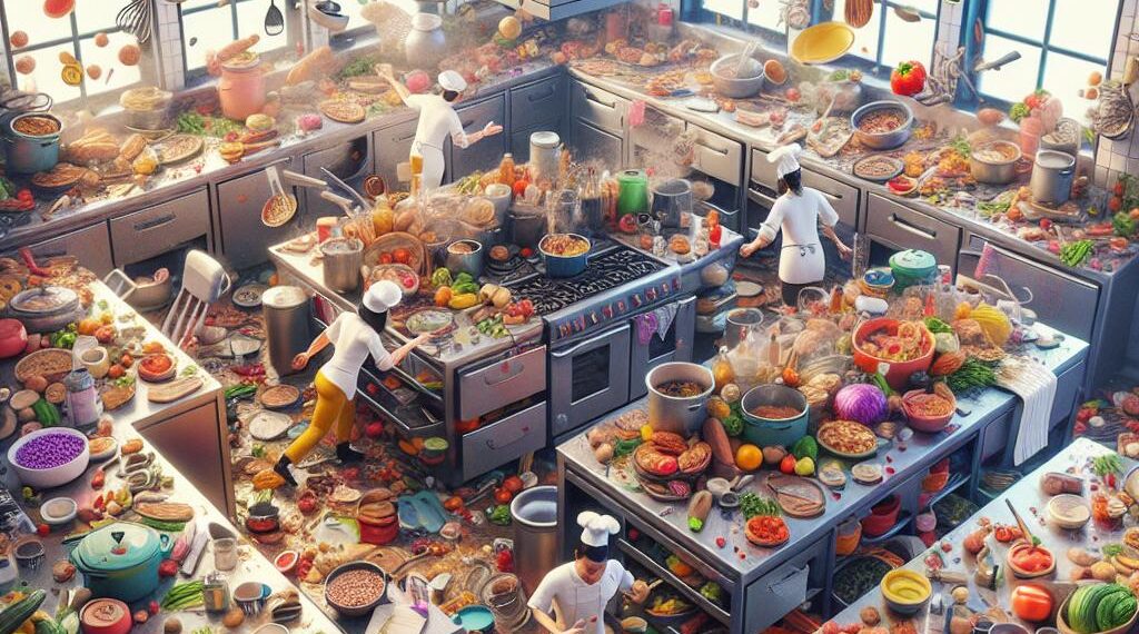 A vibrant and chaotic kitchen scene from the game Overcooked 2, featuring multiple chefs working frantically amidst a clutter of ingredients and cooking utensils, highlighting the game's cooperative and cross-platform gameplay.