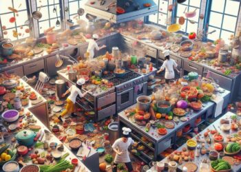 Una vibrante y caótica escena de cocina del juego Overcooked 2, con varios chefs trabajando frenéticamente en medio de un desorden de ingredientes y utensilios de cocina, que pone de relieve la jugabilidad cooperativa y multiplataforma del juego.