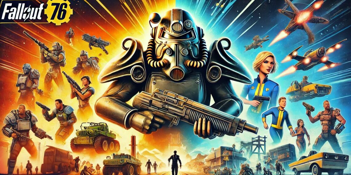 A imagem é um cartaz dinâmico de “Fallout 76”, que mostra uma figura central com uma armadura poderosa e várias personagens, armas e veículos à sua volta, realçando a natureza multiplataforma e cheia de ação do jogo.