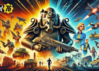 The image is a dynamic poster for "Fallout 76," showcasing a central figure in power armor with various characters, weapons, and vehicles around them, highlighting the game's action-packed, cross-platform nature.