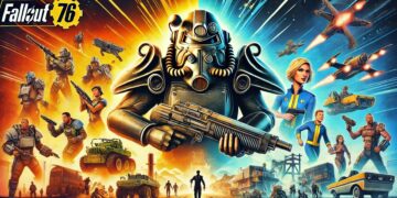 A imagem é um cartaz dinâmico de “Fallout 76”, que mostra uma figura central com uma armadura poderosa e várias personagens, armas e veículos à sua volta, realçando a natureza multiplataforma e cheia de ação do jogo.
