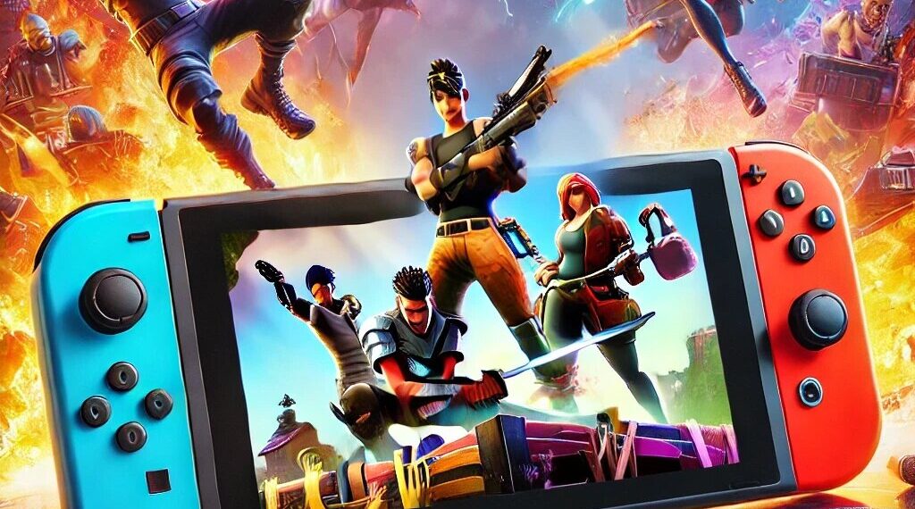 Uma imagem vibrante de Fortnite numa Nintendo Switch, que mostra uma jogabilidade intensa e gráficos coloridos. A consola Nintendo Switch é exibida de forma proeminente, destacando a sua portabilidade com personagens e elementos icónicos do Fortnite em segundo plano.