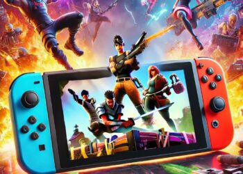Uma imagem vibrante de Fortnite numa Nintendo Switch, que mostra uma jogabilidade intensa e gráficos coloridos. A consola Nintendo Switch é exibida de forma proeminente, destacando a sua portabilidade com personagens e elementos icónicos do Fortnite em segundo plano.