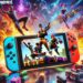 A vibrant image of Fortnite on a Nintendo Switch, showcasing intense gameplay and colorful graphics. The Nintendo Switch console is prominently displayed, highlighting its portability with iconic Fortnite characters and elements in the background.