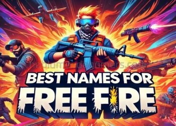Promotional image for "Best Names for Free Fire" featuring armed characters in action poses with vibrant flames and colorful streaks in the background.