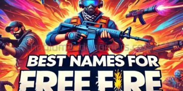 Promotional image for "Best Names for Free Fire" featuring armed characters in action poses with vibrant flames and colorful streaks in the background.