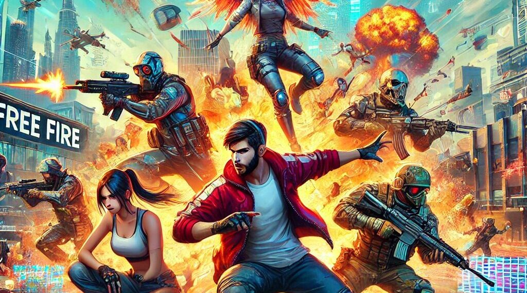 Dynamic image of battle royale action in Free Fire with diverse characters, explosions, digital patterns and game icons, showcasing the vibrant and fast-paced Free Fire space.