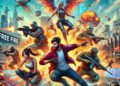 Imagen dinámica de acción de batalla real en Free Fire con personajes diversos, explosiones, patrones digitales e iconos de juegos, mostrando el vibrante y rápido espacio para Free Fire.