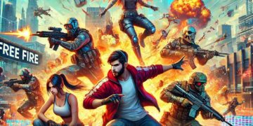 Dynamic image of battle royale action in Free Fire with diverse characters, explosions, digital patterns and game icons, showcasing the vibrant and fast-paced Free Fire space.